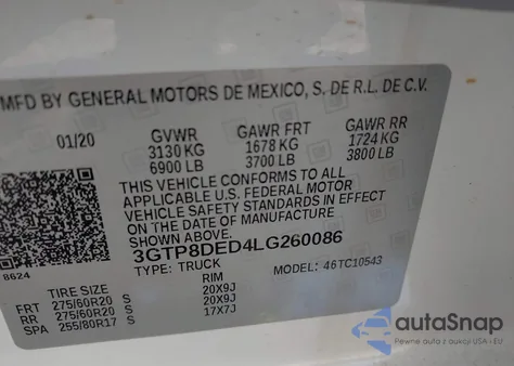 2020 GMC Sierra C1500 Slt z USA, uszkodzony, nr VIN 3GTP8DED4LG260086